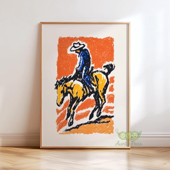 Retro Bucking Bronco Wall Art, Vintage Cowboy Print, Burnt Orange Western Poster, Rodeo Horse Art, Rustic Desert Decor Unframed Paper Print