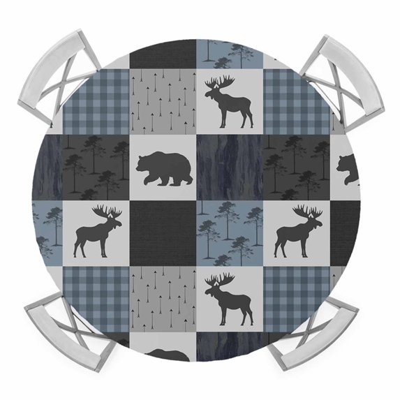 Retro Buffalo Check Elastic Fitted Round Table Cover Forest Bear Deer Waterproof Outdoor Tablecloth for Holiday Party, Picnic, Patio & Dining Fits Tables Up to 36"-44"