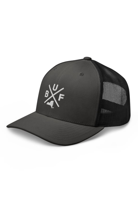 Retro Buffalo Trucker Hat Mesh BUF Cross Trucker Cap (Charcoal/ Black)