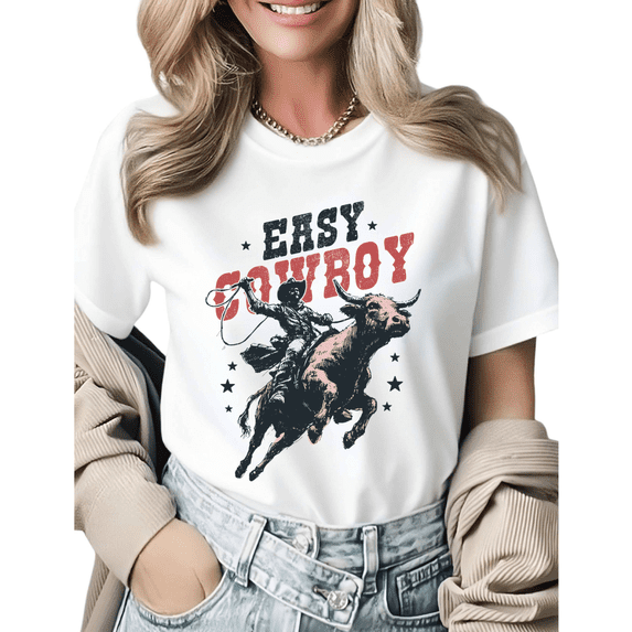 Retro Bull Rider Easy Cowboy Graphic Tees Womens T shirt Black/White S-5XL Shirts Casual Western Tops