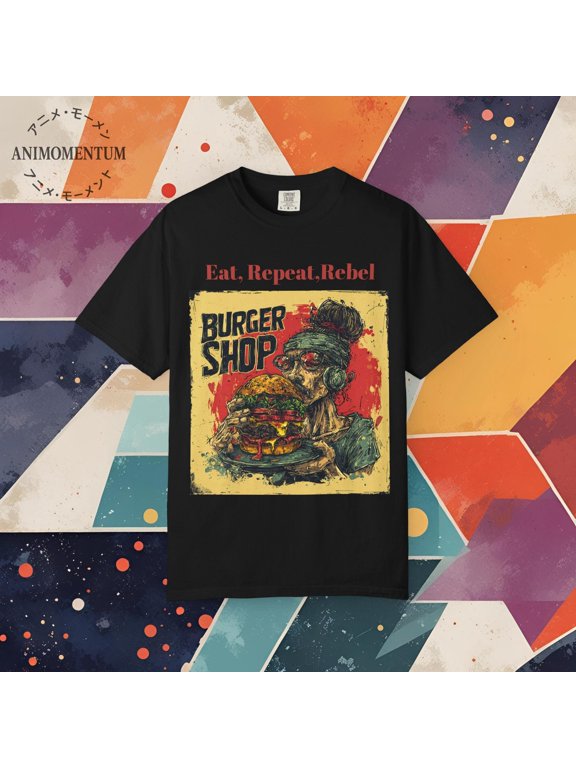 Retro Burger Graphic Tee: Eat Repeat Rebel - Street Food Art
