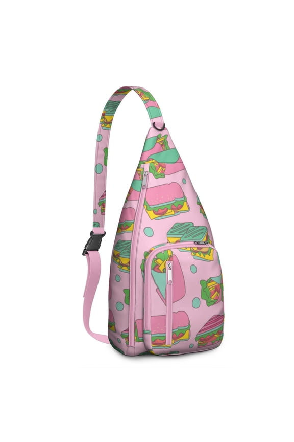 Retro Burger Sling Backpack – Cute Cheeseburger & Fries Food Print Crossbody Bag for Women & Teens – Funny Sandwich Pickle Design for Hiking, Travel, School & Summer Festivals