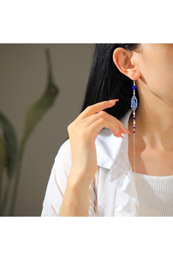 Retro Burnt Blue Enamel Earring Long Fringed Dangle Design Single Piece Vintage Style Accessory for Party or Daily Wear