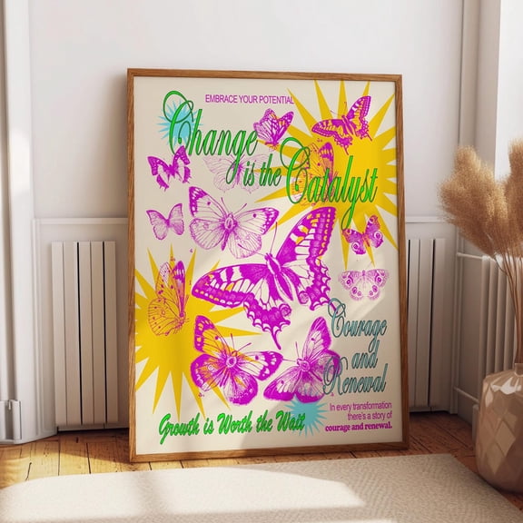 Retro Butterfly Art Motivational – Change Is The Catalyst Print – Bright Transformational Poster Wall Art, Modern Wall Decor, 8x12 UNFRAMED