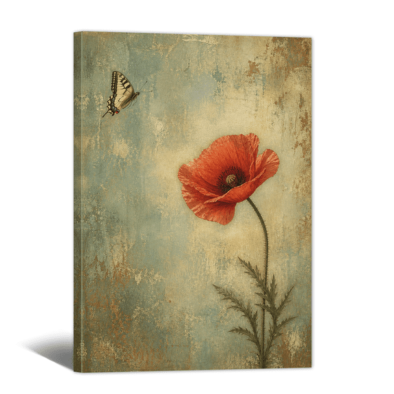 Retro Butterfly Canvas Wall Art Rustic Flora and Fauna Picture Print, Weathered Tone Serene Artwork Poppy Stem Painting for Bathroom, Home, Living room Decor
