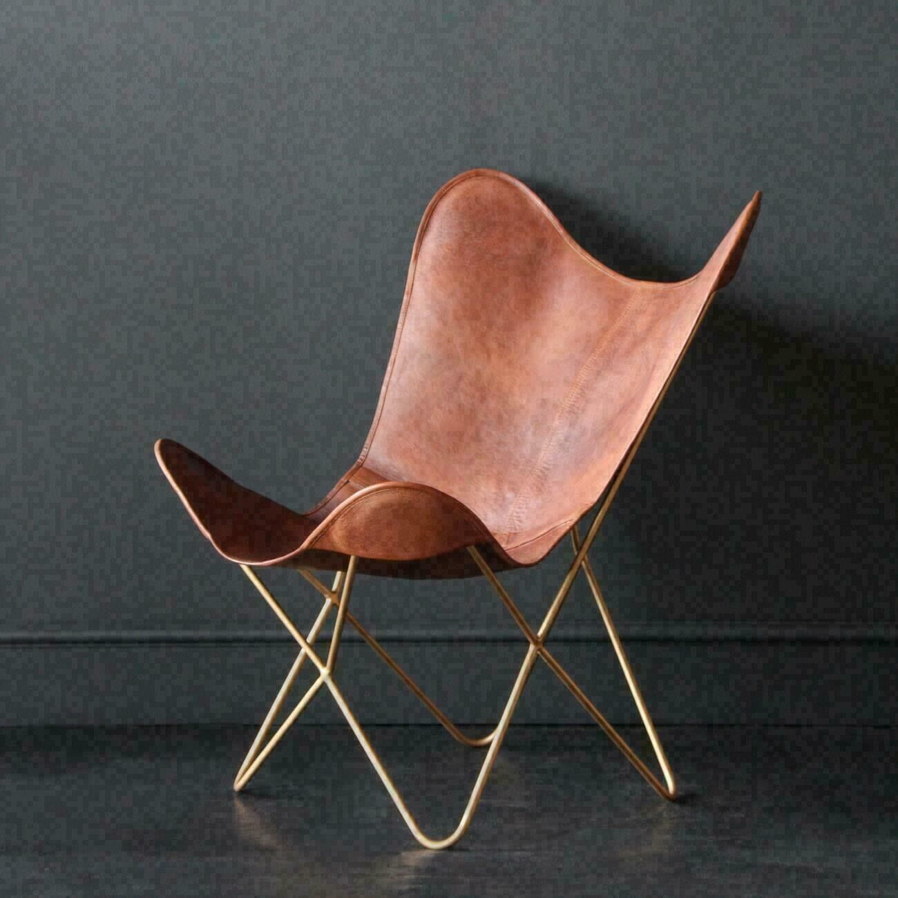 Retro Butterfly Chair Vintage Pure Leather Tan Seat Gold Base Chair