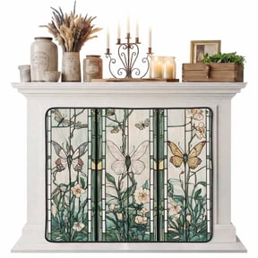 Retro Butterfly Magnetic Fireplace Cover, Fireplace Draft Blocker, Green Spring Floral Botanical Fireplaces Blanket for Heat Loss/Cold Air, Fireplaces Draft Stopper Cover for Inside 45"x34"