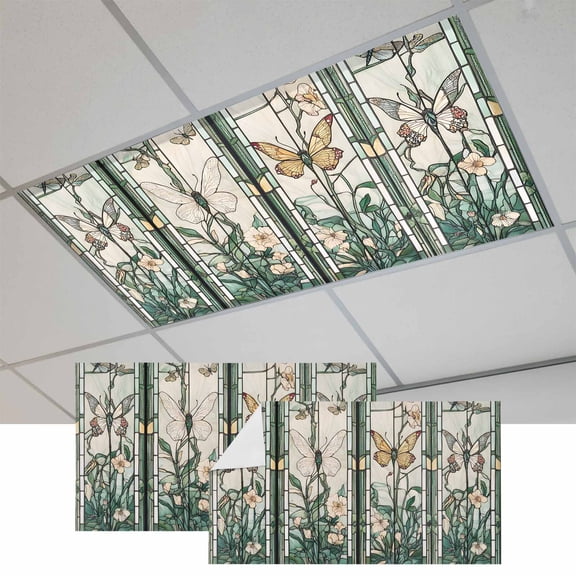 Retro Butterfly Magnetic Fluorescent Light Covers for Ceiling Lights 2 x 4 Feet, Green Spring Floral Botanical Office Classroom Kitchen Drop Ceiling Light Covers Lighting Filters Shade Panel 2 Packs