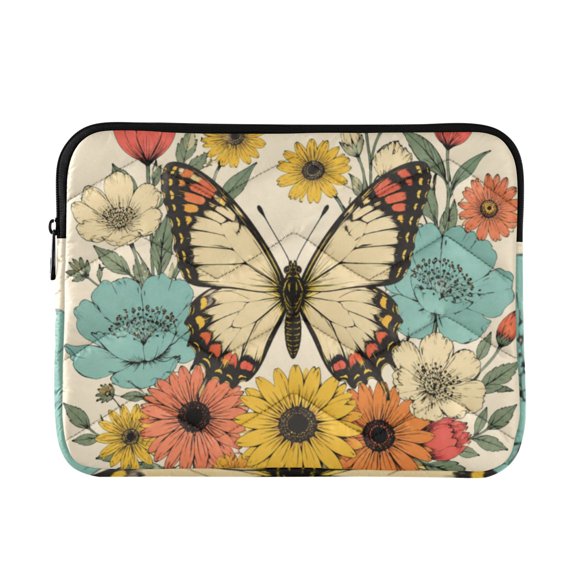 Retro Butterfly Printed Laptop Sleeve 13-14 Inch Computer Bag & Laptop Case for Women Men with Zippe for Work Travel
