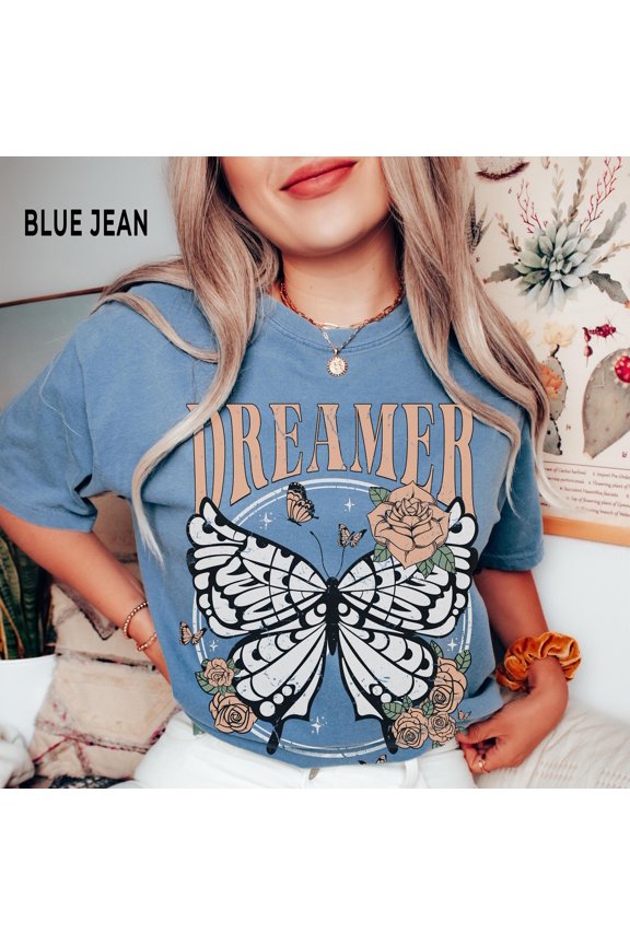 Retro Butterfly Shirt Dreamer Inspirational TShirt Positive Vibes Tee Boho Tops Butterfly