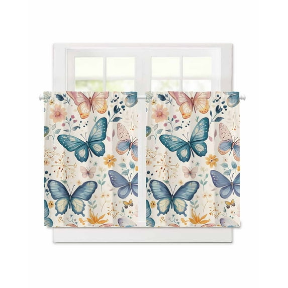 Retro Butterfly Short Blackout Curtains 36 Inch Long Watercolor Flower Leave Linen Texture Rod Pocket Kitchen Curtains, 2 Panels Thermal Insulated Room Darkening Drapes for Bedroom, 30"W x 36"L