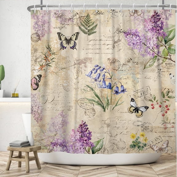 Retro Butterfly Shower Curtain Vintage Floral with Butterfly Bath Curtain for Bathroom Decor with Hooks 72x72 in