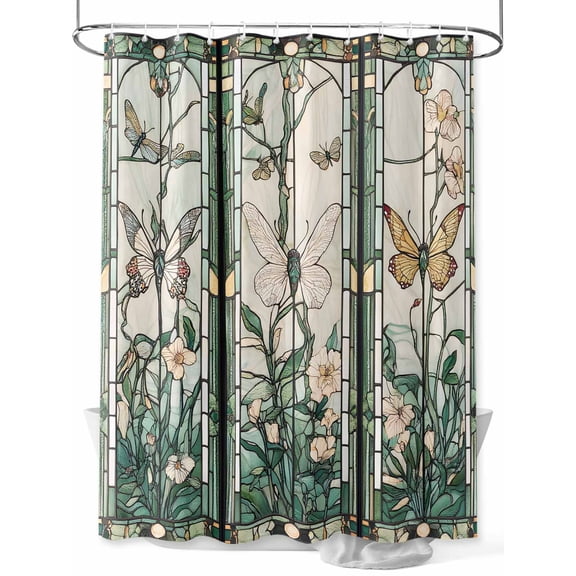 Retro Butterfly Small Stall Shower Curtain, Waterproof Shower Curtains for Bathroom, Green Spring Floral Botanical Washable Fabric Cloth Bath Curtain for Bathtub Decoration with Hooks 36x72 Inches