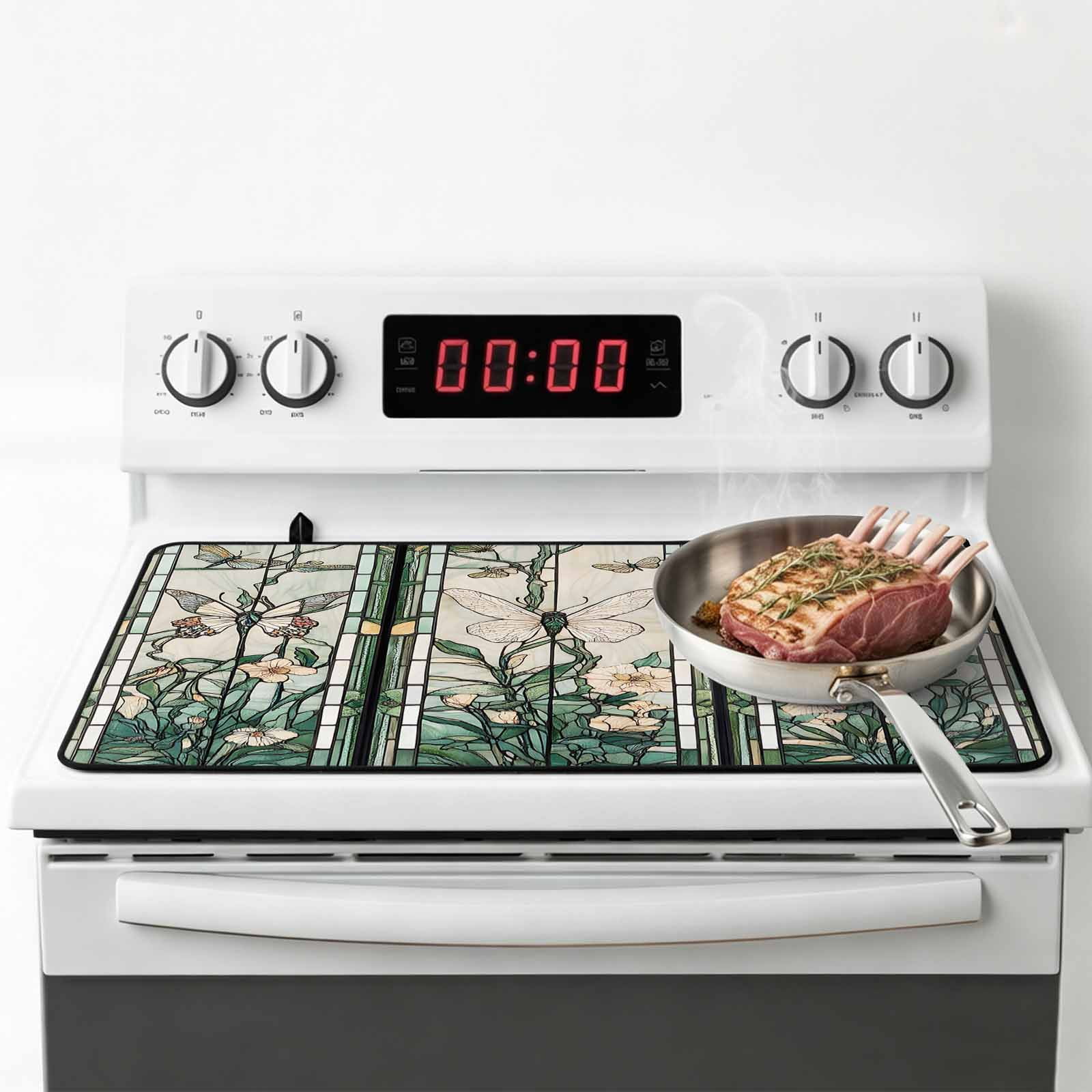 Retro Butterfly Stove Top Cover for Electric Stove, Heat-proof & Non Slip Glass Top Stove Cover Protector, Green Spring Floral Botanical Kitchen Flat Cooktop Rubber Mat 24x21 Inches