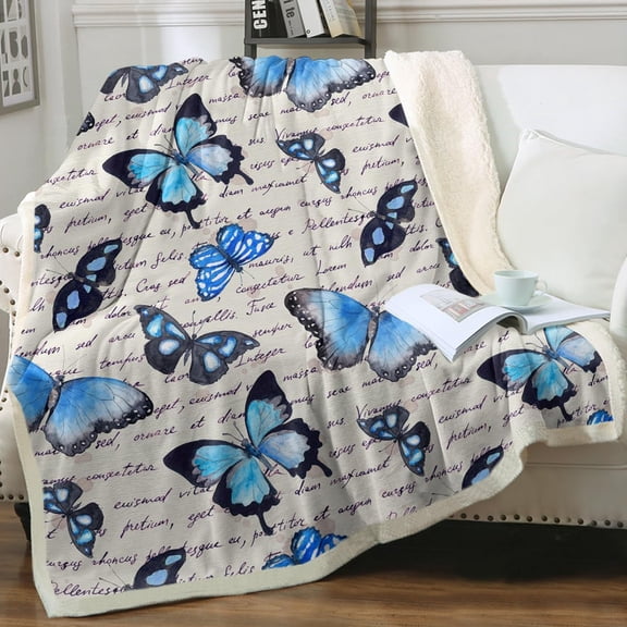 Retro Butterfly Throw Blanket Twin(60"x80") Blue Butterflies with Vintage Text Sherpa Fleece Blanket for Bed Couch Sofa