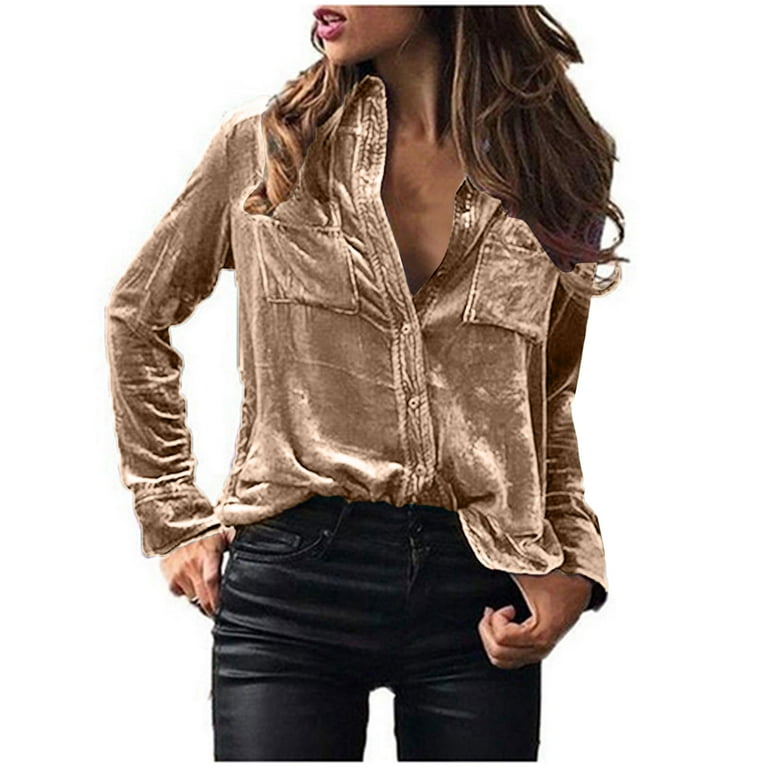 Retro Button Up Shirts Winter Soft Velvet Long Sleeve Tops Vintage 70s Blouses Casual Work Solid Color Tunic Tees Walmart