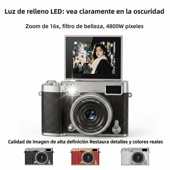 Retro CCD Digital Camera, 48MP 1080P Video, 2.4'' Flip Screen, 16X Zoom, Anti-Shake, Auto Focus, Built-in Flash, Lanyard