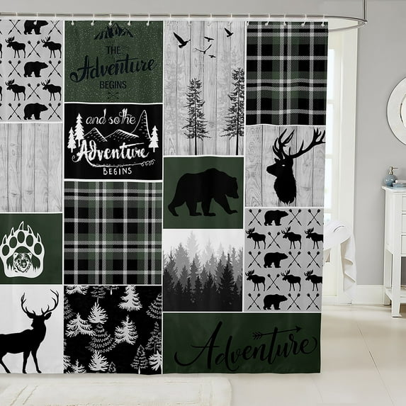 Retro Cabin Bath Curtain, Checkered Patchwork Waterproof Bathroom Curtains Woodland Deer Bear Trees Shower Curtain 72" W X 78" L, Country Farmhouse Animal Bathtub Shower Curtain Camper Lodge Decor
