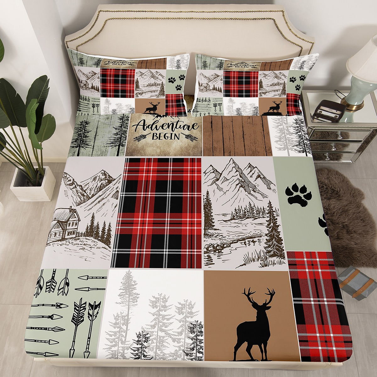Retro Cabin Bed Sheets Checkered Plaid Patchwork Fitted Sheet Teens Adult,Woodland Wildlife Deer ...