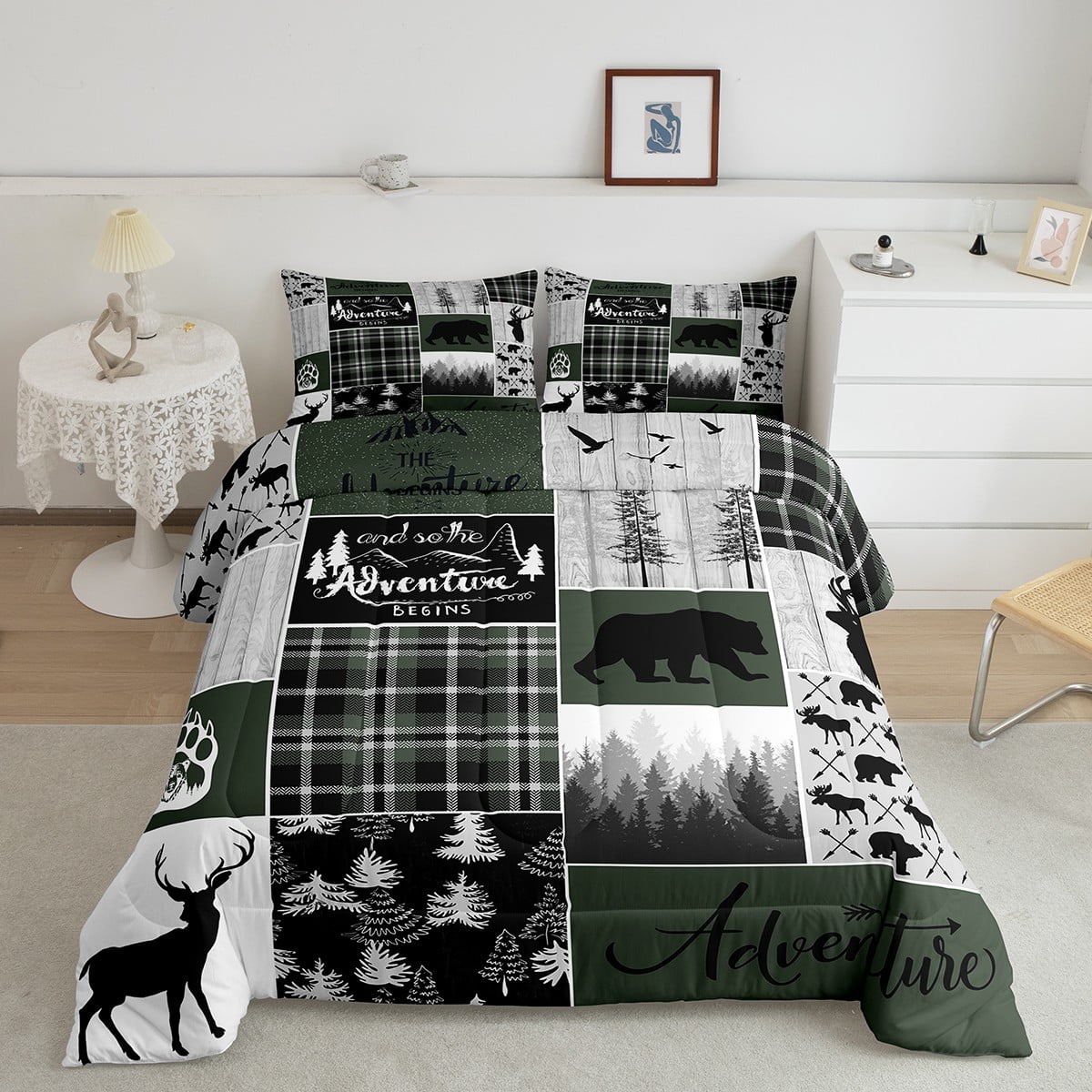 Retro Cabin Comforter Set Queen Size, Checkered Plaid Patchwork Bedding