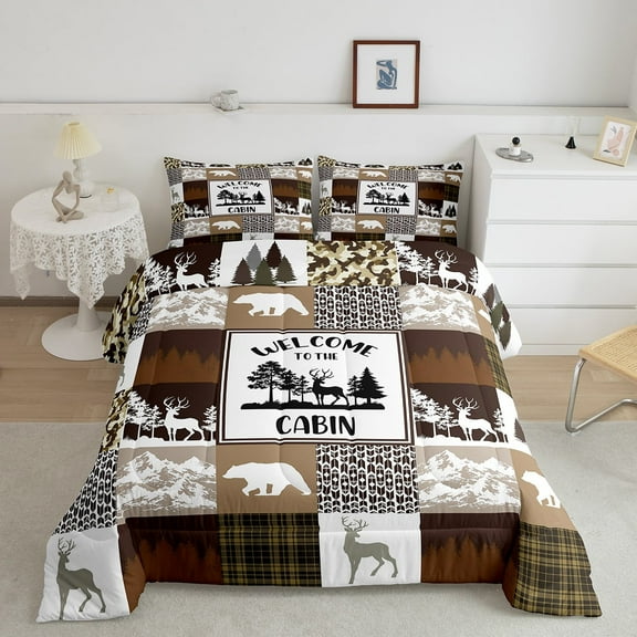 Retro Cabin Comforter Set Twin Wildlife Bear Elk Deer Hunting Bedding Set,Reindeer Moose Woodland Animals Quilt Brown Camouflage Grid Lattice Patchwork Duvet Insert,Pine Trees Farmhouse Decor