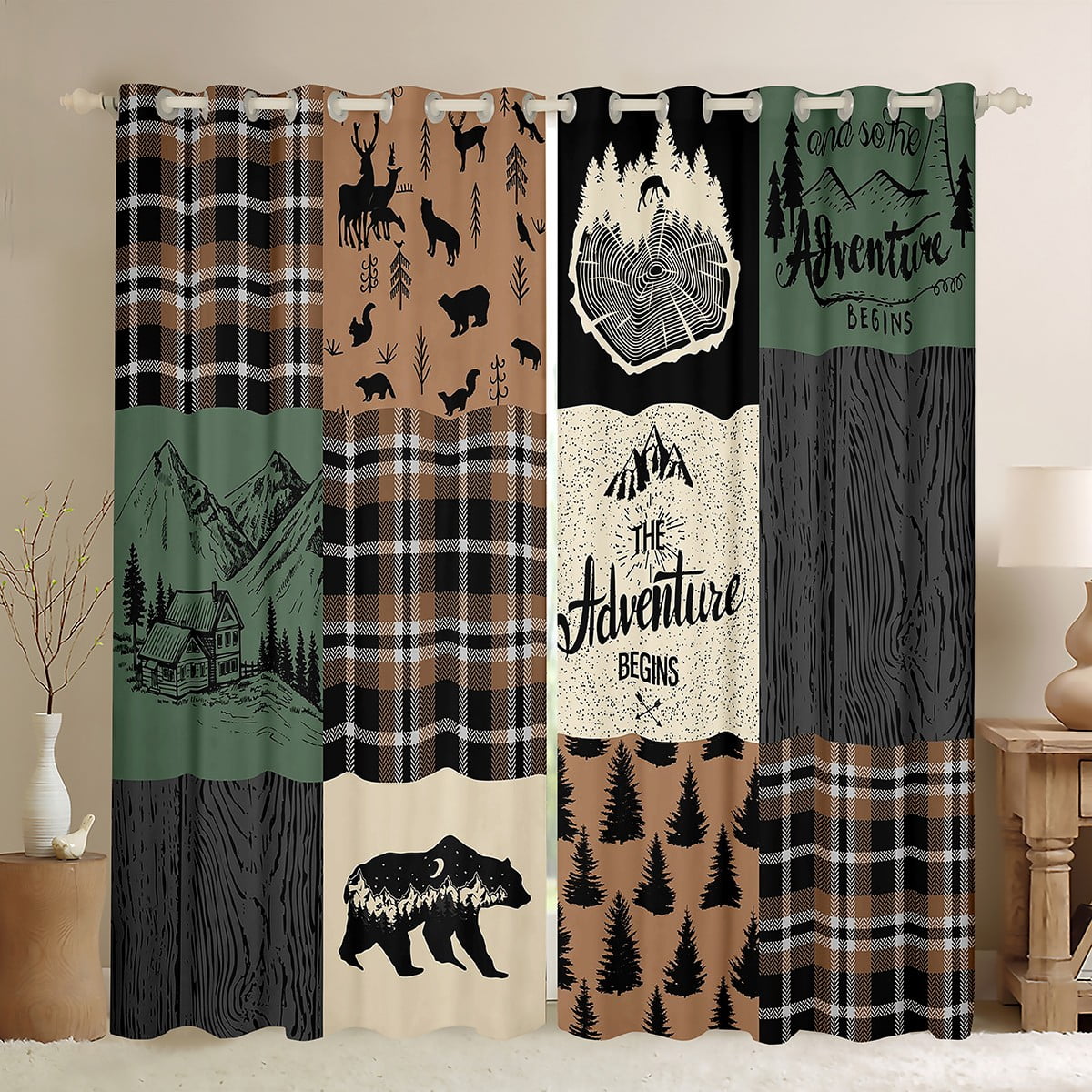 Retro Cabin Curtains, Rustic Adventure Bear Deer Curtains & Drapes ...