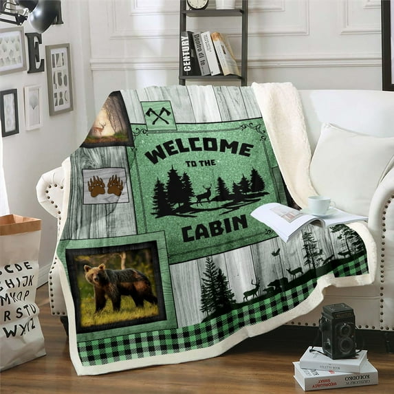 Retro Cabin Fleece Blanket Rustic Bear Deer Throw Blanket Hunting Wildlife Wild Animal Blanket Plaid Lodge Farmhouse Blanket Western Country Black Green Turquoise Lattice Room Decor 60"x80",Grey