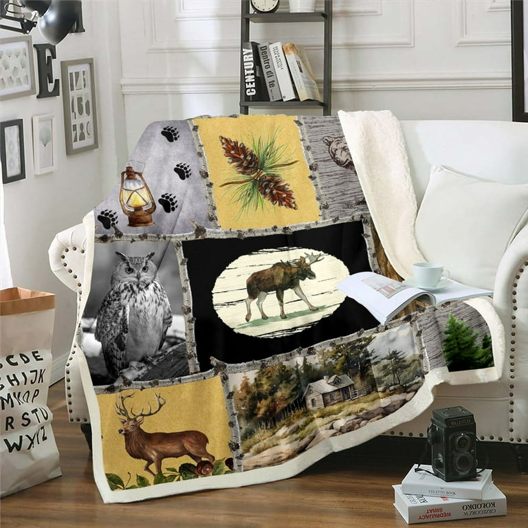 Retro Cabin Fleece Blanket Rustic Bear Deer Throw Blanket Hunting Wildlife Wild Animal Blanket Lodge Cottage Pine Trees Patchwork Blanket Paw Print Western Vintage Farmhouse Decor 40 x50 Walmart