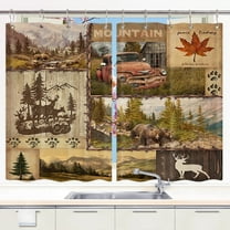Retro Cabin Kitchen Curtains Rustic Deer Bear Forest Decor Window Drapes Curtains 2 Panels Set Fabric Short Window Treatment Sets With Hooks 42x45 Inches