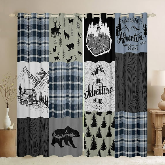 Retro Cabin Rustic Blackout Curtains For Bedroom, Farmhouse Lodge Bear Curtains 42"Wx84"L, Deer Mountain Country Camper Curtains & Drapes Hunting Wild Animal Window Curtains Merry Christmas Decor