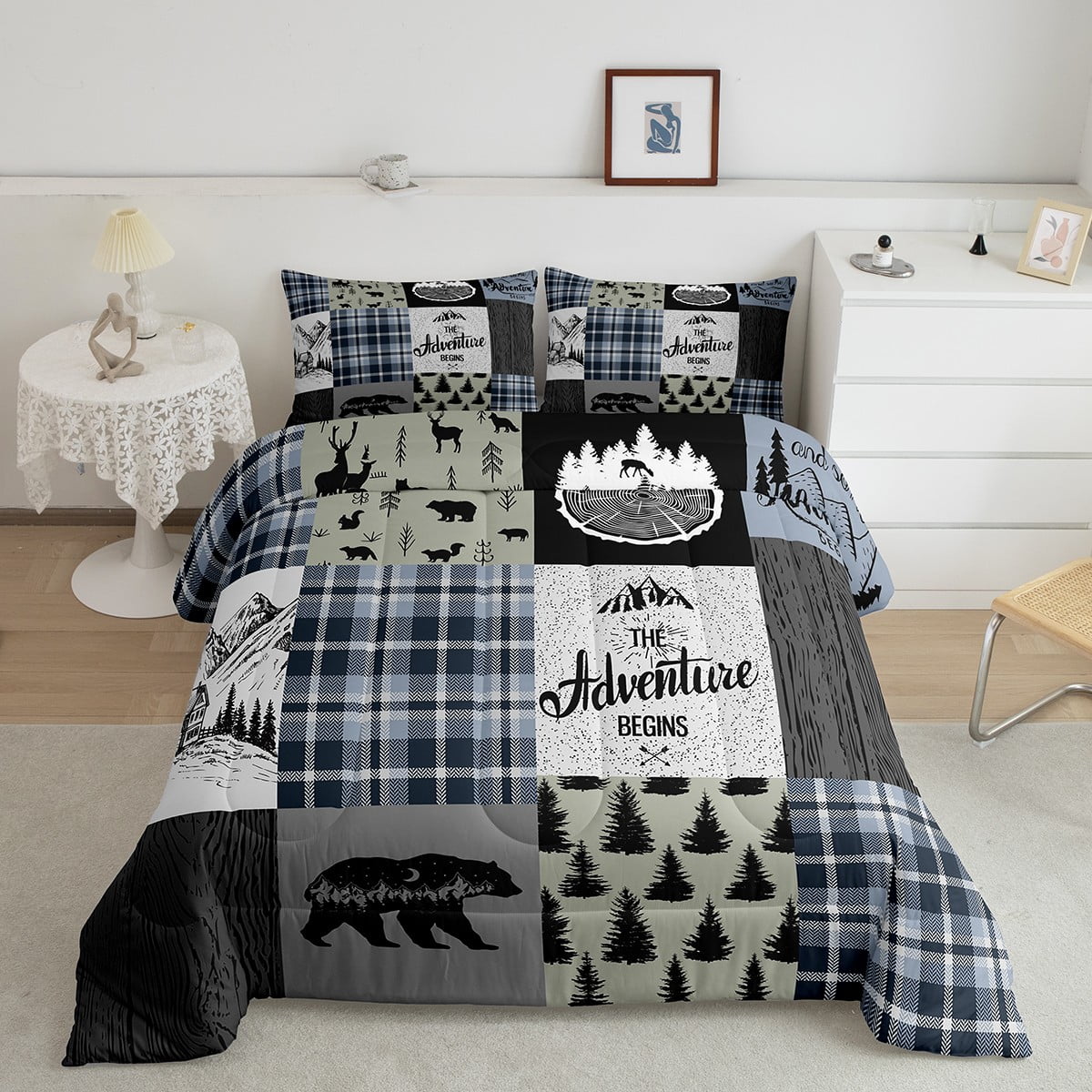 Retro Cabin Rustic Comforter Set For Bedroom Decor, Farmhouse Lodge