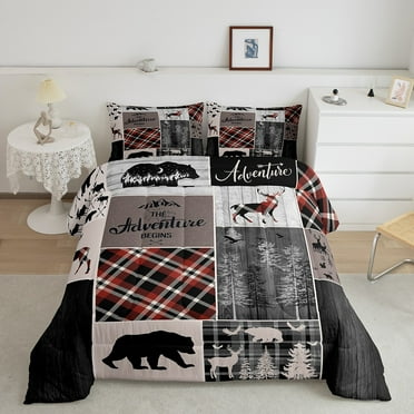 Kids Camping Themed Twin Comforter Set - Fox Bear Deer Print Rustic Bedding For Boys & Girls Room Decor