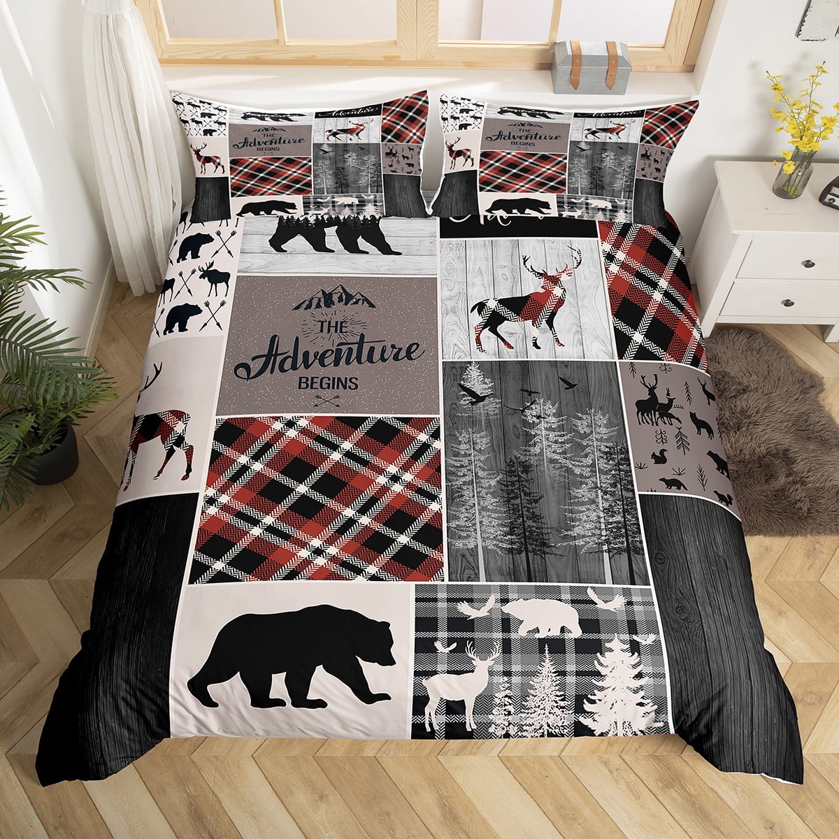 Lodge Cabin 100% Cotton Duvet Cover Queen Set – Cartoon Bear Deer Rustic Plaid Bedding With 2 Pillowcases, No Comforter - View #3