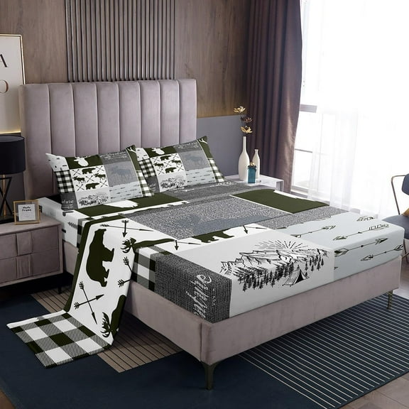 Retro Cabin Sheet Set 3Pcs Rustic Bear Deer Fitted Sheet Teens Adult, Hunting Wildlife Wild Animal Bed Sheets Twin Size Plaid Lodge Farmhouse Western Country Top Sheet, Grey White