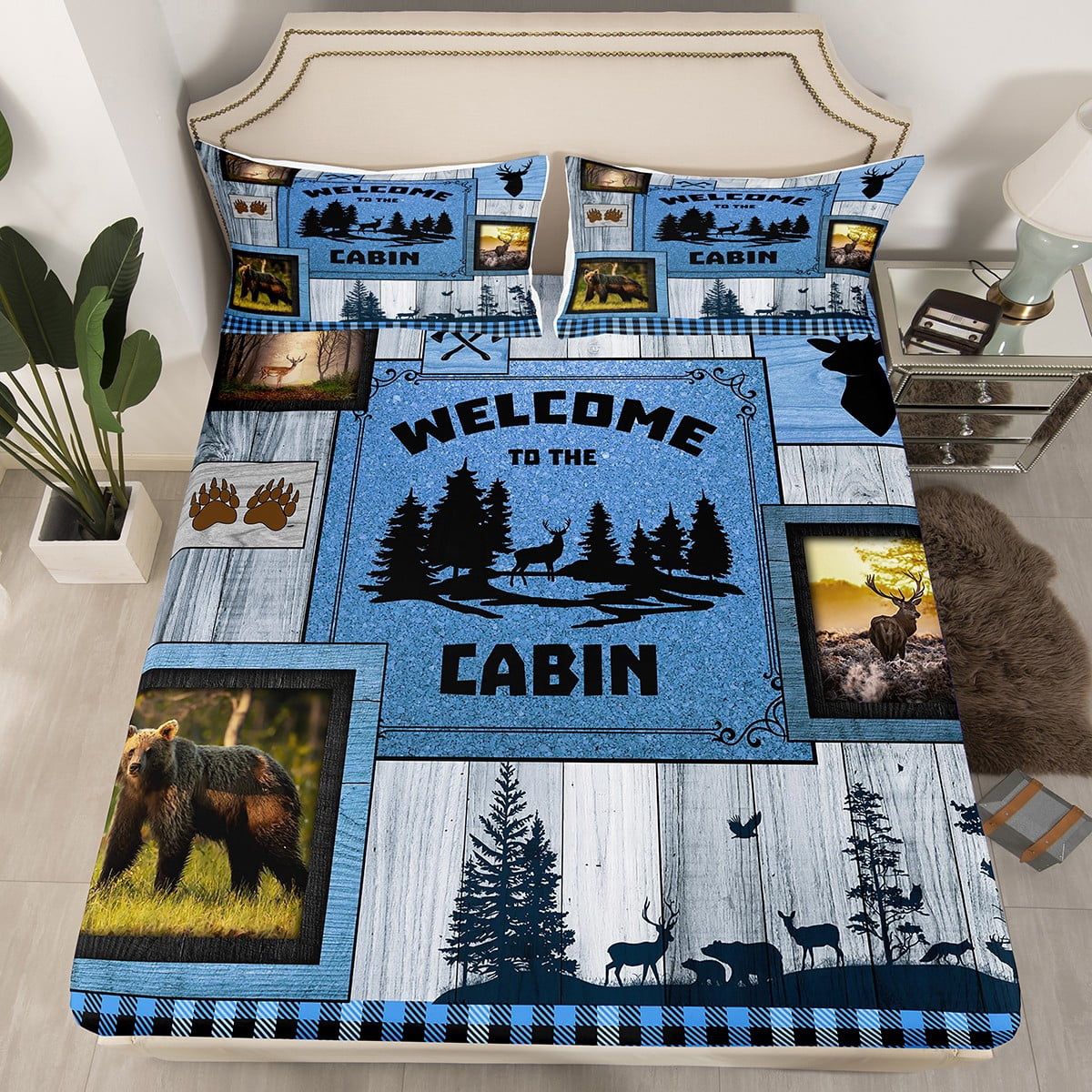 Retro Cabin Sheets Rustic Bear Deer Bed Sheets Hunting Wildlife Wild Animal Fitted Sheet Plaid ...