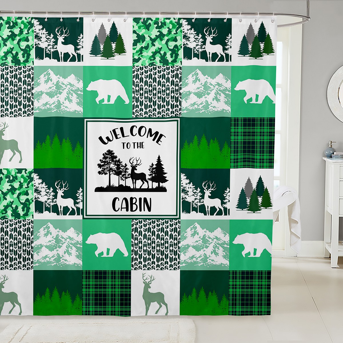 Retro Cabin Shower Curtain Bear Elk Deer Hunting Bath Curtain,Reindeer