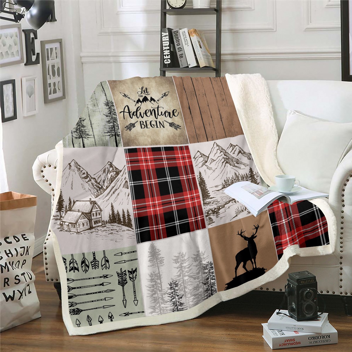 Retro Cabin Throw Blanket Checkered Plaid Patchwork Blanket for Kids