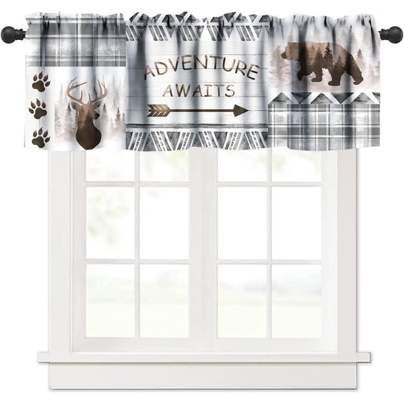 Retro Cabin Valance Curtains,Rustic Hunting Theme Forest Animals Blackout Window Valance,Grey Plaid Check Farmhouse Print Short Window Treatments for Bedroom Living Room Kitchen,54x18in