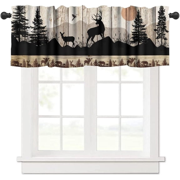 Retro Cabin Valance, Rustic Farmhouse Wooden Barn Door Wild Animals Deer Country Misty Forest Coniferous Trees Print Short Window Curtains for Kitchen Bedroom, 54x18inch