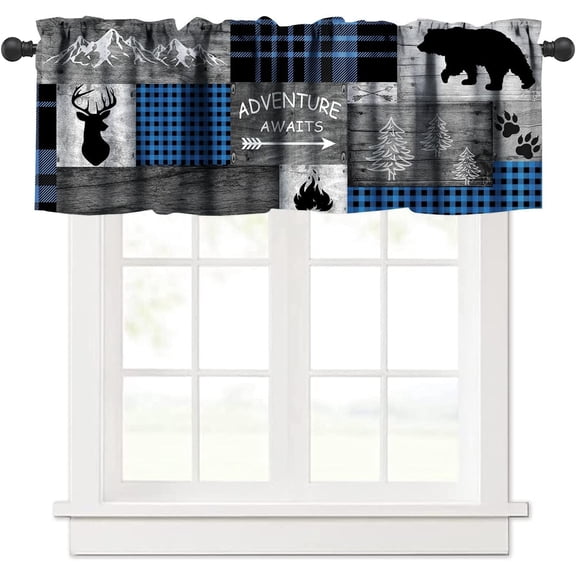 Retro Cabin Valance,Vintage Cottages Animal Deer Bear Print Blackout Curtain Valance,Retro Blue Check Short Topper Curtain for Bedroom Living Room Kitchen Cafe Dining Room,54x18in
