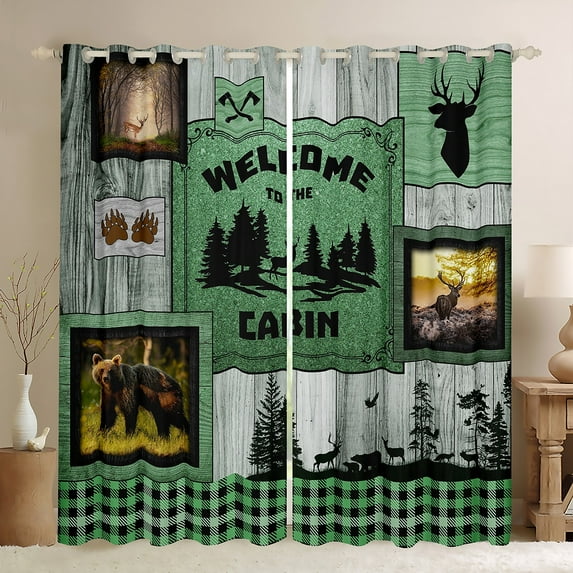 Retro Cabin Curtains Rustic Bear Deer Curtains & Drapes Wild Animal Blackout Curtains Plaid Lodge Farmhouse Western Country Black Green Turquoise Lattice Room Decor,Grey