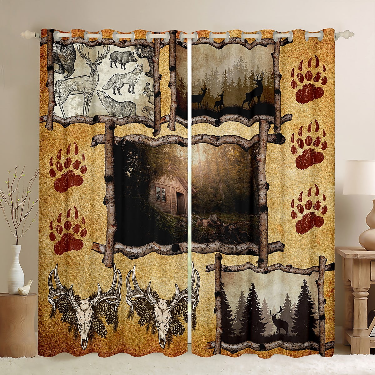 Retro Cabin Curtains Rustic Deer Curtains & Drapes Hunting Wild Animal
