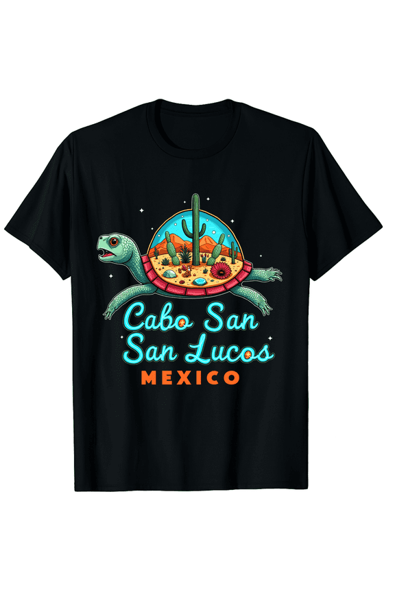 Retro Cabo San Lucas Mexico Turtle Desert Cactus Graphic Tee - Vintage Style Souvenir Vacation Apparel for Men and Women - Cute Animal Nature Illustration T-Shirt