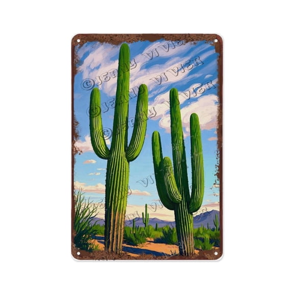 Retro Cactus Blue Sky Metal Sign 8x12 Inch Rustic Wall Decor for Indoor, Patio, or Cafe | Great Gift for Boho and Desert Decor Fans