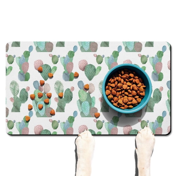 Retro Cactus Dog Food Pad - Waterproof Absorbent Pet Mat - Non-Slip Southwestern Succulent Design - Durable & Washable - Floor Protection