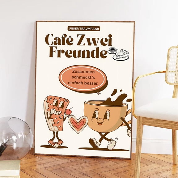 Retro Cafe Poster Poster Coffee, Cake & German Quote Kitchen Art Home Decor, 8x12 UNFRAMED
