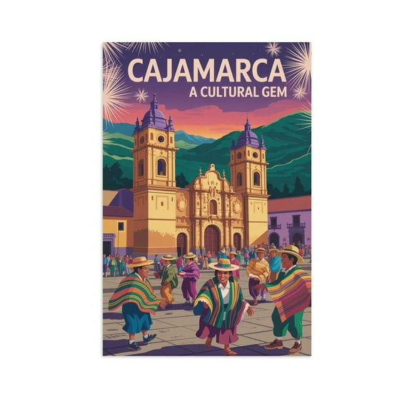 Retro Cajamarca Peru Travel Poster with Green Hills And Cultural Celebration Canvas Poster