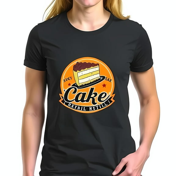 Retro Cake Graphic Cotton Short Sleeve T-Shirt - Fun Layered Cake Design with 'Cake SINS' and 'Retail Retill' Text