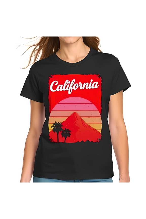 Retro California Graphic Cotton Short Sleeve T-Shirt with Sunset Trees & Mountain Design
