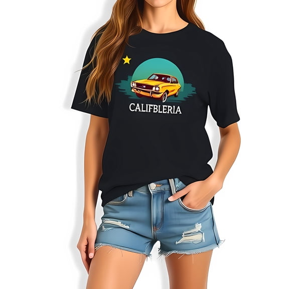Retro California Graphic T-Shirt for Women - Vintage Yellow Car & Teal Sun Design Casual Summer Tee